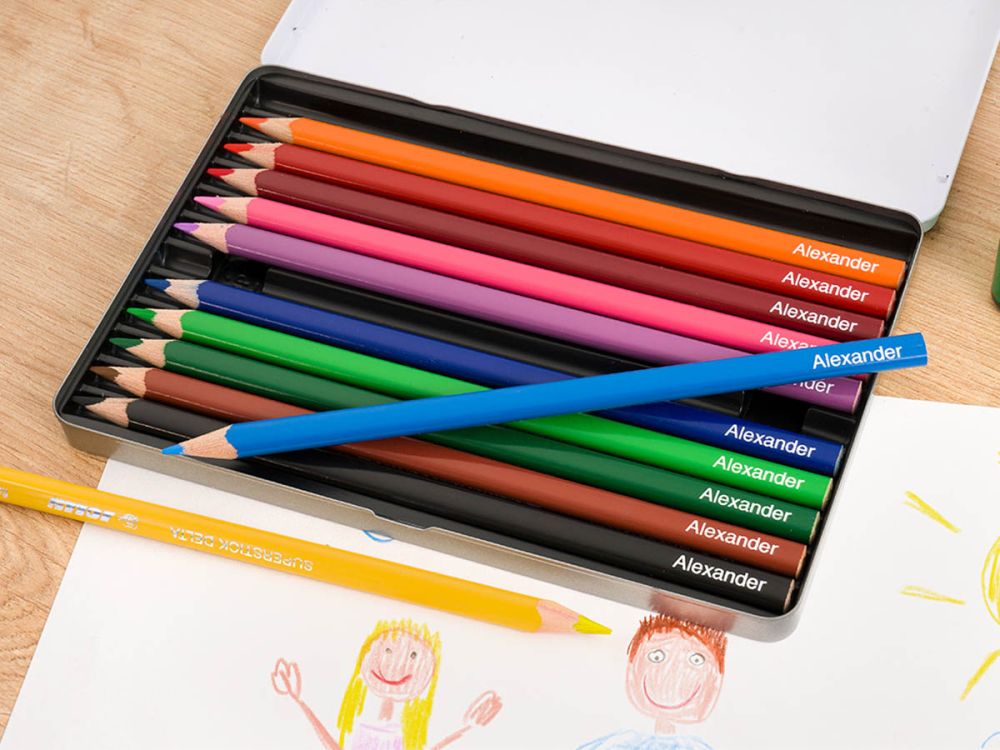 Kredki trójkątne Delta 12 kolorów w metalowym pudełku - obrazek 4